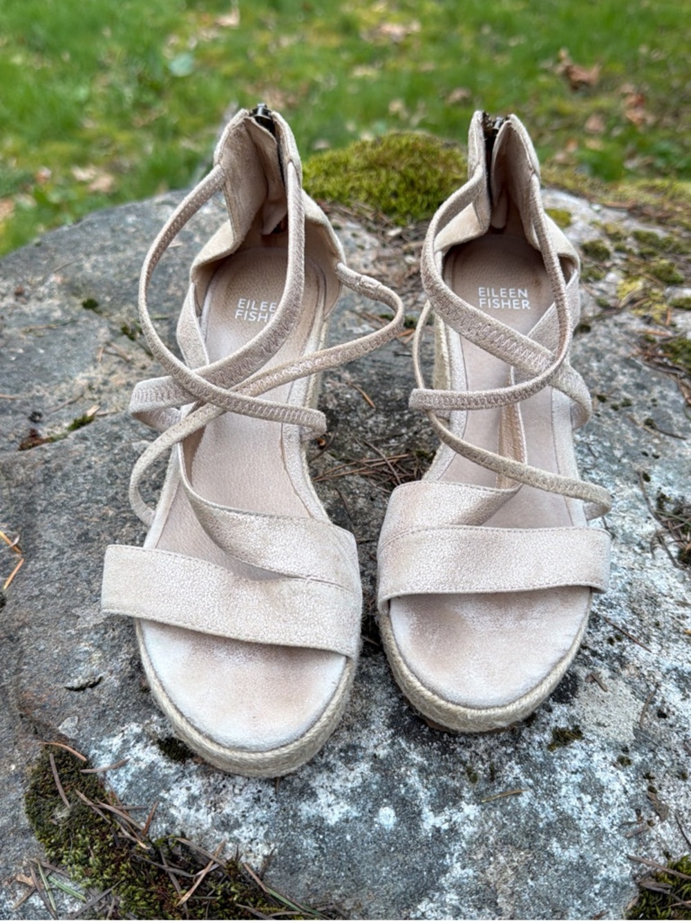 Eileen Fisher Taupe Suede Wedge Espadrille Sandals 7 1/2